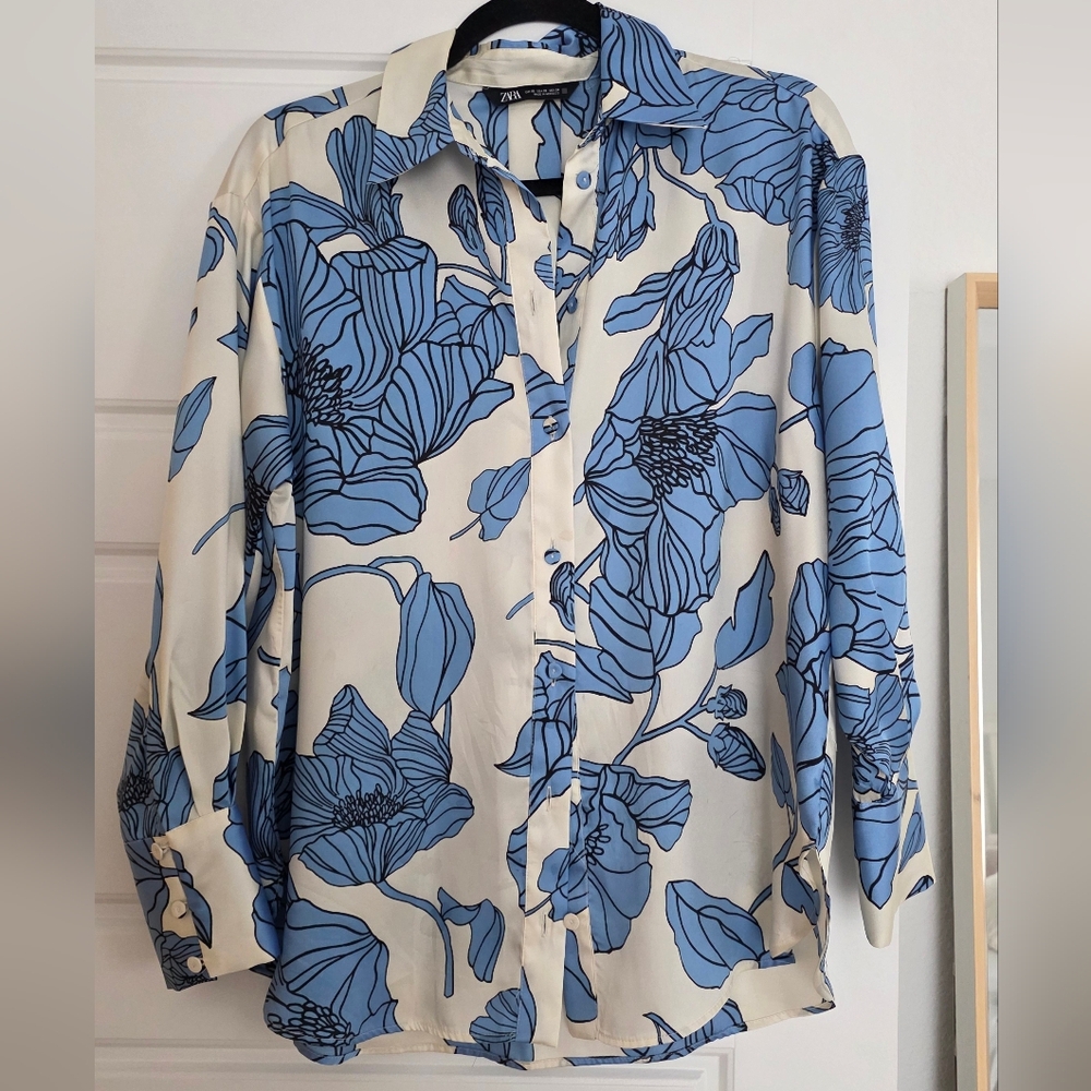 Zara Ecru/blue Floral Print Shirt